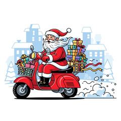 Cartoon Santa Claus delivering Christmas presents on a red scooter in a snowy city.