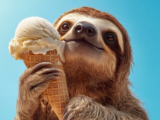 Naklejka premium Sloth enjoys a delicious ice cream cone on a sunny day against a clear blue sky