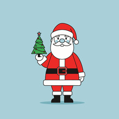 A cartoon illustration of Santa Claus holding a small Christmas tree in his hand.