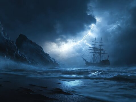 Stormy night at sea with an old ship battling fierce waves and lightning in a dramatic sky