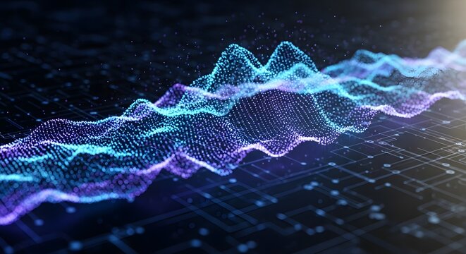 Abstract digital wave background with glowing particles and lines