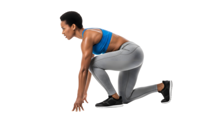 Athletic woman in starting position for sprinting ready to run on transparent background, perfect for fitness or sports concept