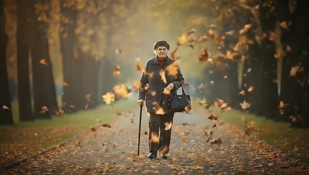 Elderly Woman Walks Through Autumnal Park with Falling Leaves and Cane