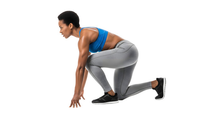 Athletic woman in starting position for sprinting ready to run on transparent background, perfect for fitness or sports concept - Powered by Adobe