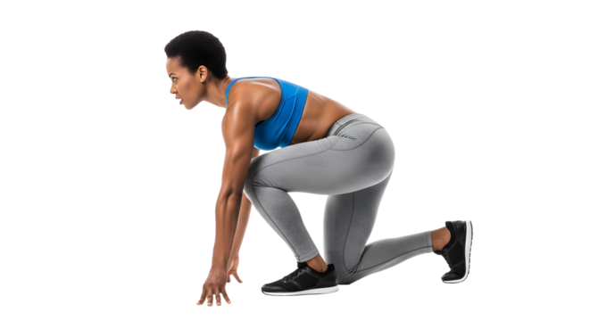 Athletic woman in starting position for sprinting ready to run on transparent background, perfect for fitness or sports concept