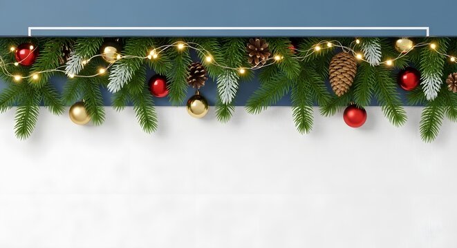 Xmas garland border with ornaments pine cones and copy space