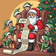 Santa Claus in his armchair reading a very long list with several elves helping him and holding gifts, a Christmas tree in the background.