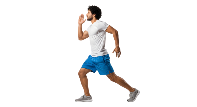 Athletic young man running in sportswear on isolated background, fitness and training concept