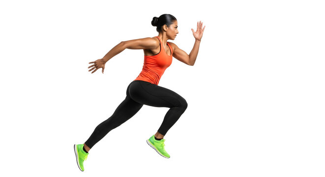 Athletic woman sprinting in sportswear with neon green running shoes isolated on black background, perfect for fitness and sports marketing - Powered by Adobe