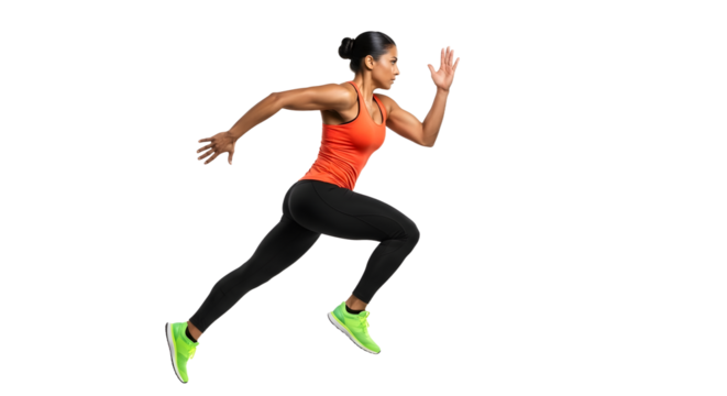 Athletic woman sprinting in sportswear with neon green running shoes isolated on black background, perfect for fitness and sports marketing