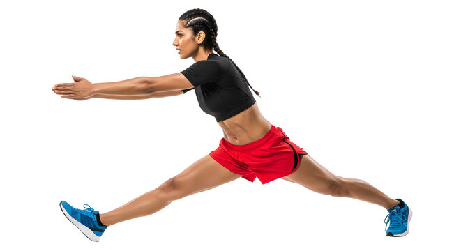 Athletic young woman performing a deep side lunge stretch in sportswear isolated on black background, perfect for fitness and workout concepts