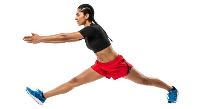 Athletic young woman performing a deep side lunge stretch in sportswear isolated on black background, perfect for fitness and workout concepts - Powered by Adobe