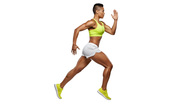 Athletic young woman running in sportswear isolated on black background, fitness and workout concept - Powered by Adobe