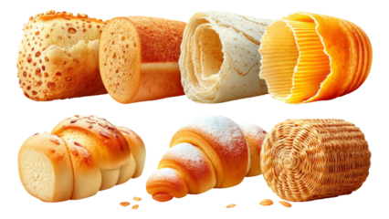 Collection of Isolated Various Types of Fresh Bread on Transparent Background