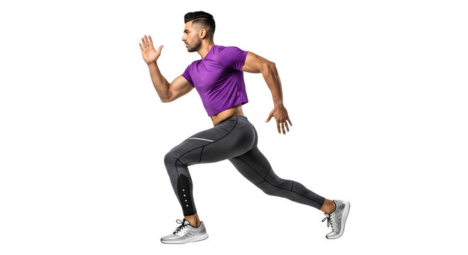 Man running in purple sportswear and black leggings isolated on black background, athletic male sprinting, fitness and exercise concept