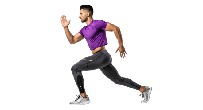 Man running in purple sportswear and black leggings isolated on black background, athletic male sprinting, fitness and exercise concept
