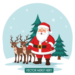 Santa Claus with reindeer in a snowy Christmas scene.