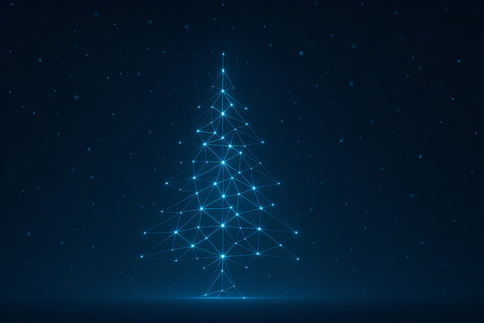 Futuristic Christmas scene with neon blue tree made of glowing network lines, dark night sky background, snow particles, modern technology theme