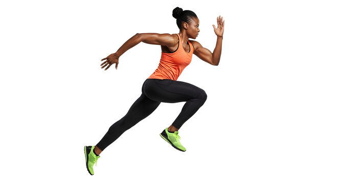 Young athletic woman sprinting in running shoes and sportswear isolated on white background, perfect for fitness and sports promotions