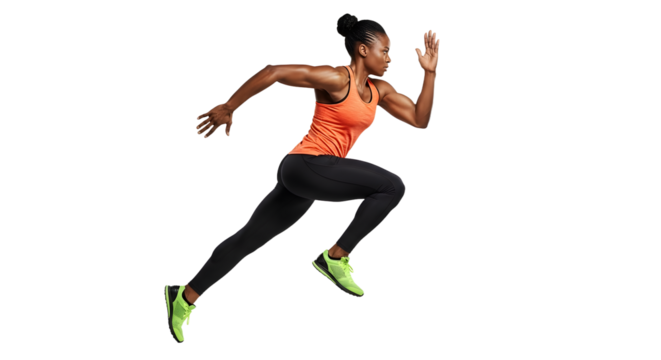 Young athletic woman sprinting in running shoes and sportswear isolated on white background, perfect for fitness and sports promotions