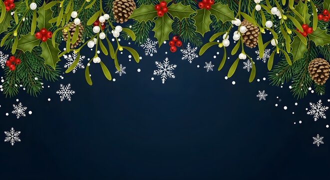 Xmas background with holly leaves pine cones and snowflakes
