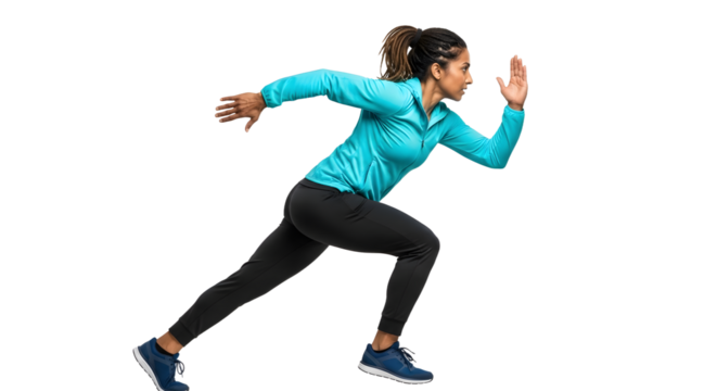 Young athletic woman sprinting in sportswear running on a track isolated on white background, perfect for fitness and sports concepts