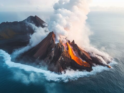 Erupting volcano releases lava and ash into the sky above a coastal landscape during sunset