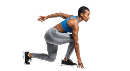 Athletic woman in sportswear ready to sprint, isolated on white background, fitness and exercise concept, perfect for sports and workout promotions