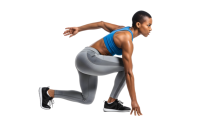 Athletic woman in sportswear ready to sprint, isolated on white background, fitness and exercise concept, perfect for sports and workout promotions