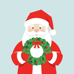 Santa Claus holding a Christmas wreath with a red bow.