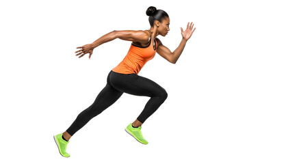 Athletic woman sprinting in sportswear with neon green running shoes isolated on black background, perfect for fitness and workout promotions