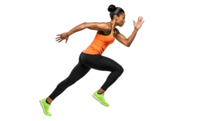 Athletic woman sprinting in sportswear with neon green running shoes isolated on black background, perfect for fitness and workout promotions