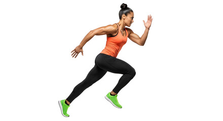 Athletic woman sprinting in sportswear isolated on black background, fitness training and running concept