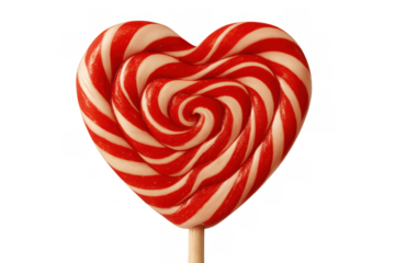 Red and white swirl heart lollipop on stick, representing love, sweetness, and valentine's day celebrations