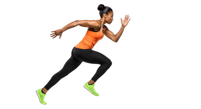 Athletic woman sprinting in sportswear with neon green running shoes isolated on black background, perfect for fitness and workout promotions