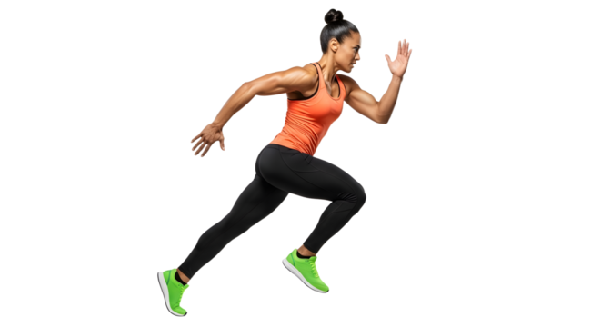 Athletic woman sprinting in sportswear isolated on black background, fitness training and running concept
