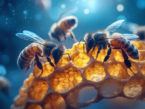 Bees gathering nectar and creating honeycomb in a vibrant hive during a sunny day in a lush garden