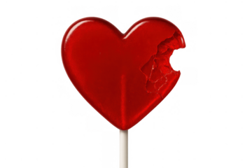 Red heart-shaped lollipop with a piece bitten off, representing a broken heart, sadness, or ending romance, with a transparent background