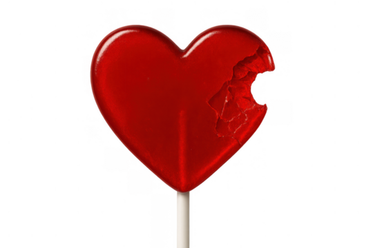 Red heart-shaped lollipop with a piece bitten off, representing a broken heart, sadness, or ending romance, with a transparent background