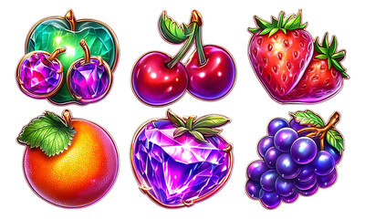 Colorful Fruits and Gemstone Illustrations with Transparent Background for Design Use