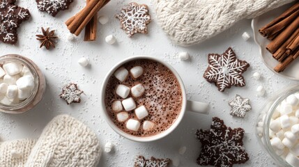 Cozy Cocoa Delight: A warm cup of cocoa, adorned with fluffy marshmallows and nestled amidst gingerbread cookies, cinnamon sticks, sugar cubes, and cozy knitted elements.