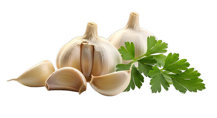 Two garlic bulbs, garlic cloves and a sprig of parsley isolated on transparent background, offering a fresh and aromatic culinary experience for cooking enthusiasts