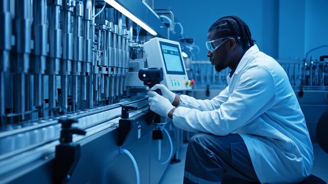 Technician inspects machine in laboratory. Engineer monitors automation system. Operator performs inspection and testing. Scientist records manufacturing data. Team ensures machine safety and quality.