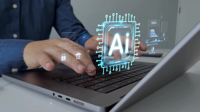 Interaction with the Ai assistant to solve some tasks more easily. Image generator, documents, marketing and advertising, bot writing and coding.Person using laptop with Ai Content Generator.