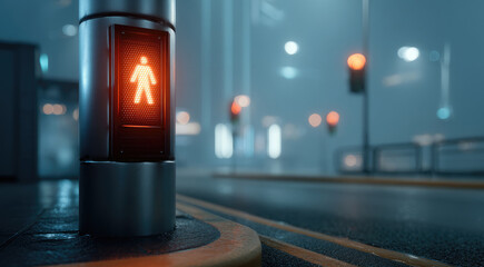 Red pedestrian traffic light glowing at night on city street, urban crosswalk safety, modern cityscape, moody atmosphere