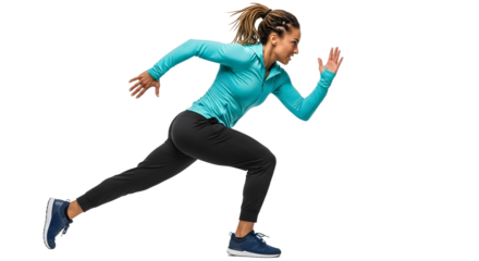 Young woman running sprint exercise in sportswear isolated on white background, fitness and outdoor training concept