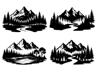 Set of 4 Mountain Landscape Silhouette Vector Illustrations