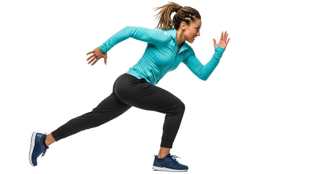 Young woman running sprint exercise in sportswear isolated on white background, fitness and outdoor training concept