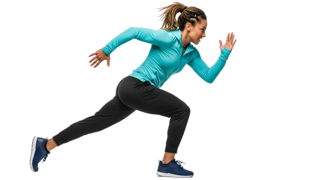 Young woman running sprint exercise in sportswear isolated on white background, fitness and outdoor training concept