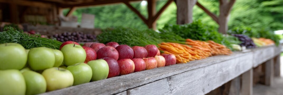 Fresh apples, carrots, and greens are neatly displayed at a local farm stand for organic shoppers